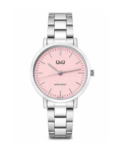 Reloj Q&Q plateado fondo rosado C35A017PY