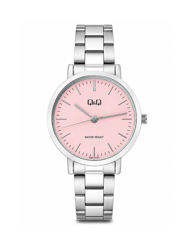Reloj Q&Q plateado fondo rosado C35A017PY