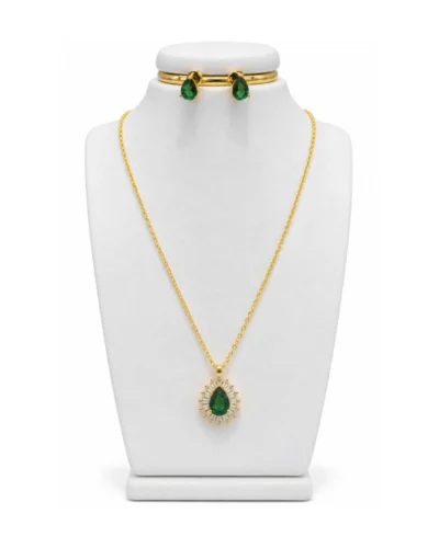 Cadena + aretes en acero rodinado estilo trébol diamantado verde