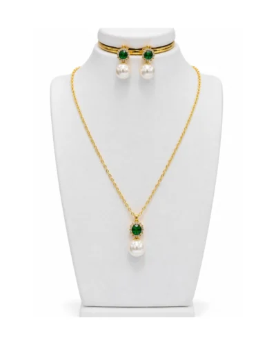 Cadena + aretes en acero rodinado estilo trébol diamantado verde