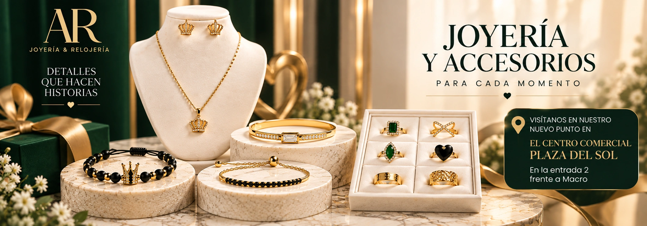Elegante anuncio de joyería en verde y dorado