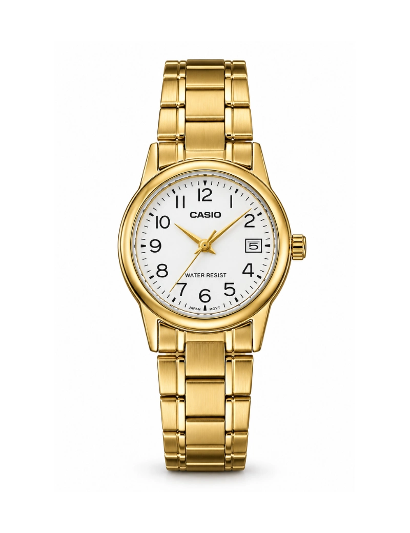 Reloj Casio LTP-V002G-7B2 de acero dorado fondo blanco